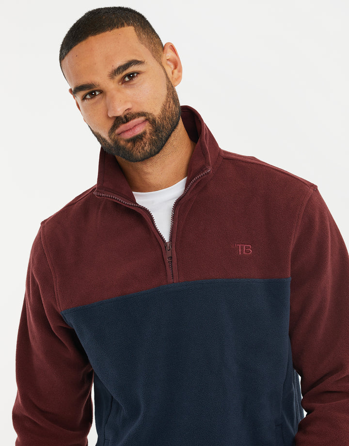 Burgundy & Navy Colourblock Quarter Zip Fleece
