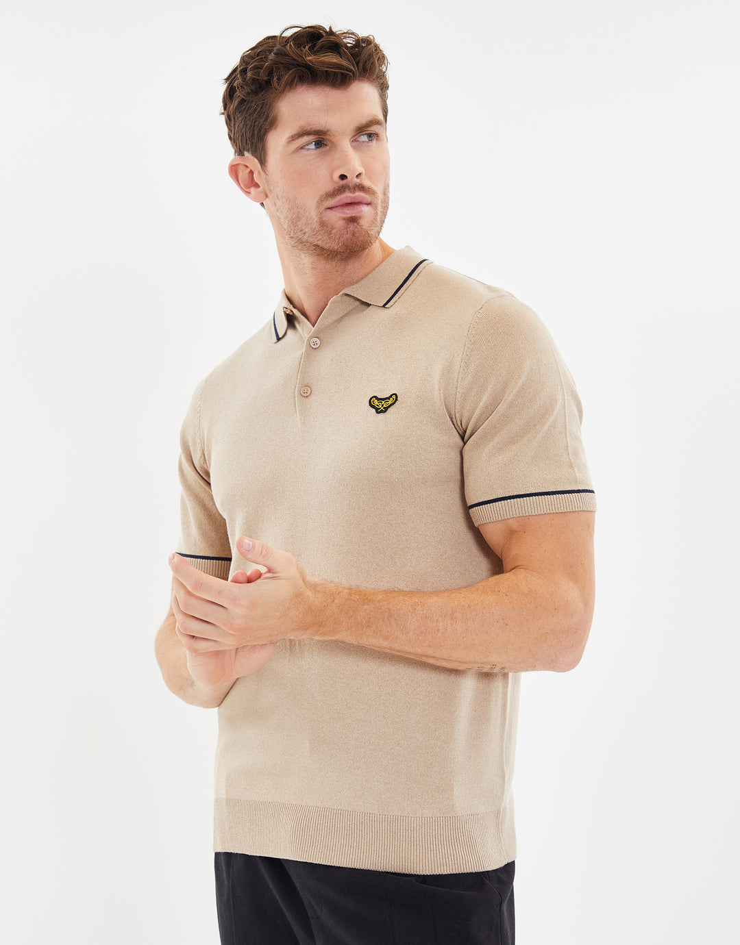 Camel Brown Tipping Button Collar Knitted Polo