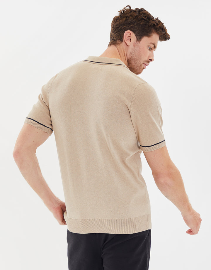 Camel Brown Tipping Button Collar Knitted Polo