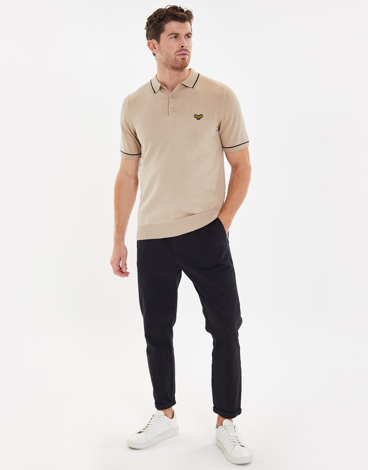 Camel Brown Tipping Button Collar Knitted Polo