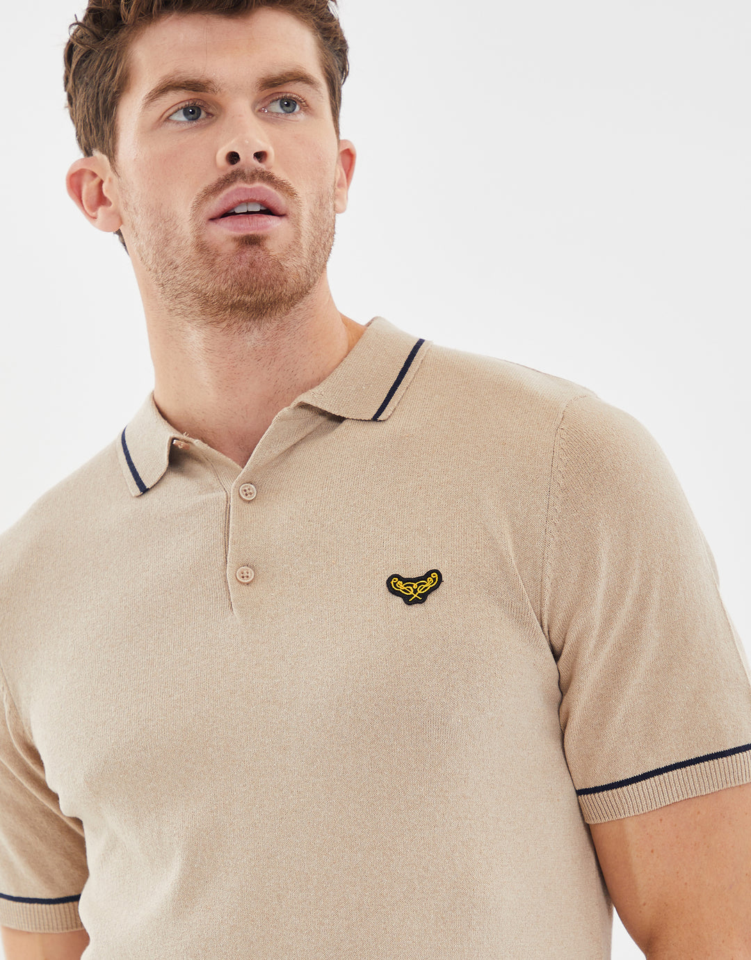 Camel Brown Tipping Button Collar Knitted Polo