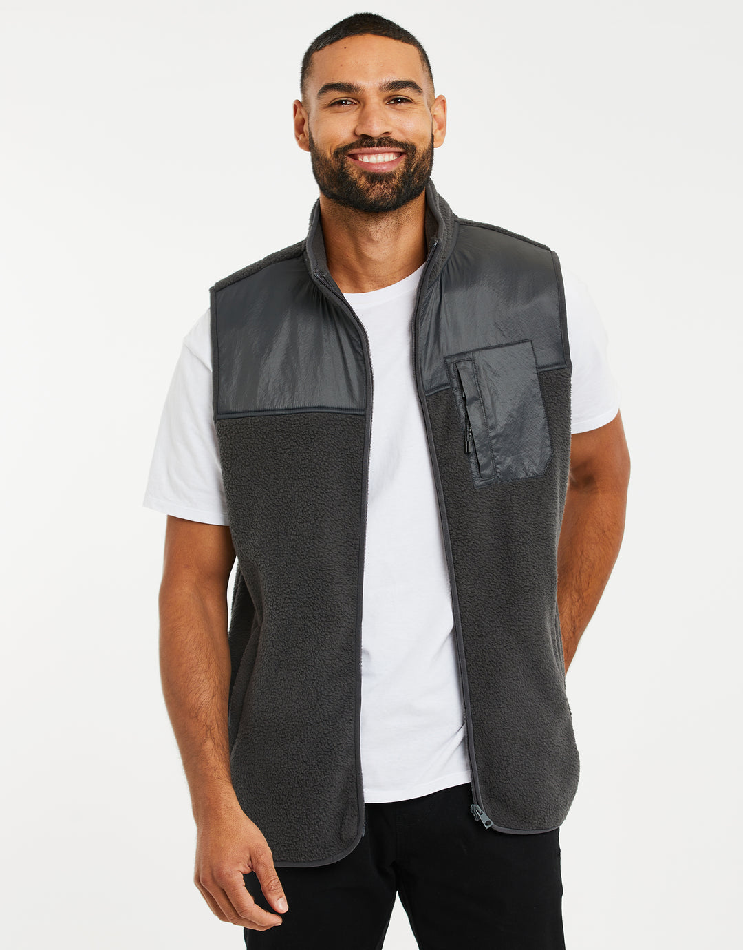 Charcoal Grey Faux Borg Contrast Panel Gilet
