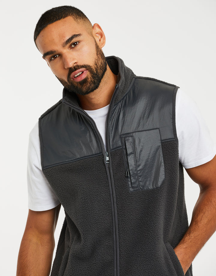 Charcoal Grey Faux Borg Contrast Panel Gilet