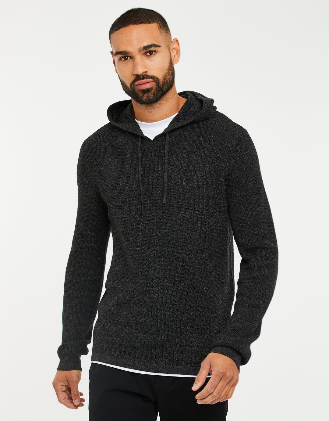 Charcoal Grey Marl Twist Mock T-Shirt Knitted Hoodie