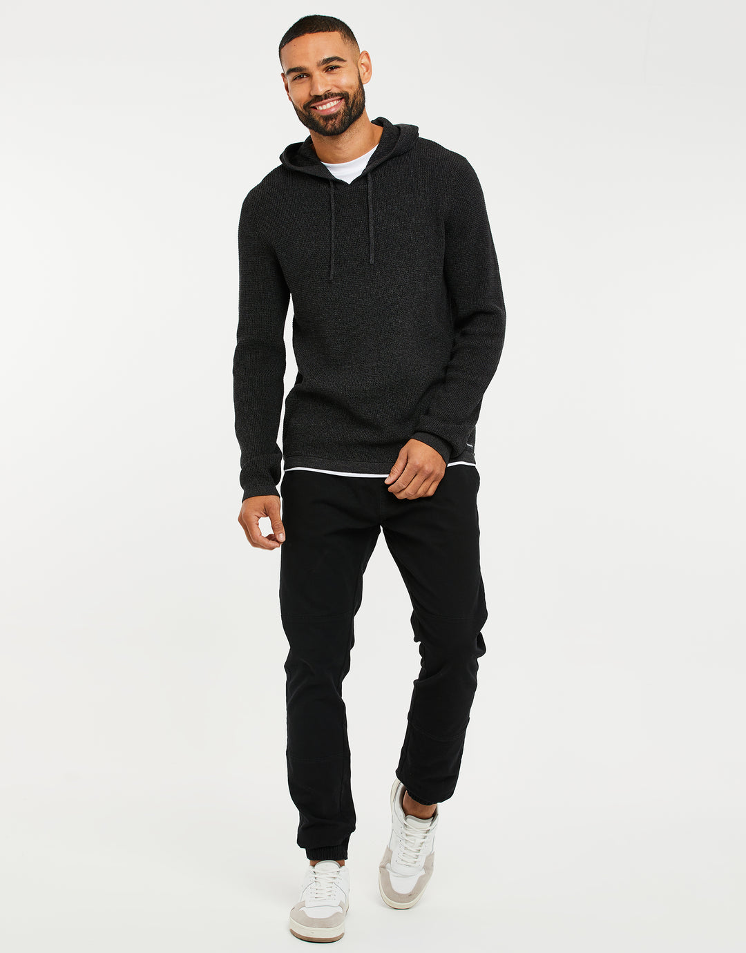 Charcoal Grey Marl Twist Mock T-Shirt Knitted Hoodie