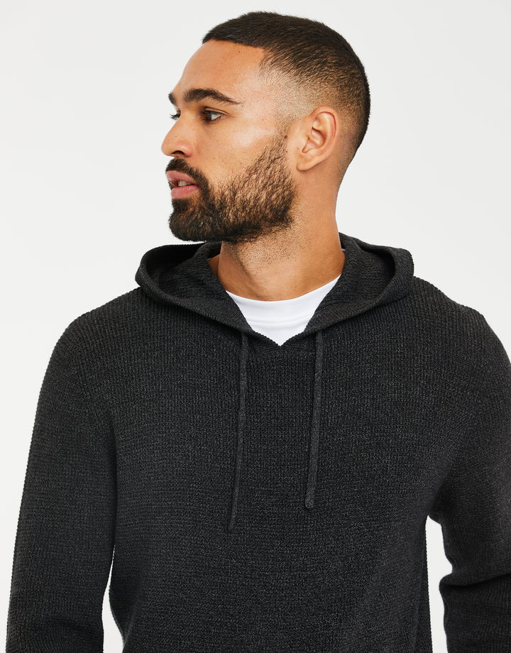 Charcoal Grey Marl Twist Mock T-Shirt Knitted Hoodie