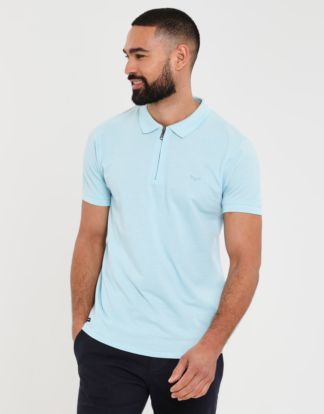 Sky Blue Waffle Zip Collar Polo Shirt