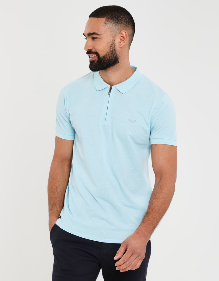 Sky Blue Waffle Zip Collar Polo Shirt