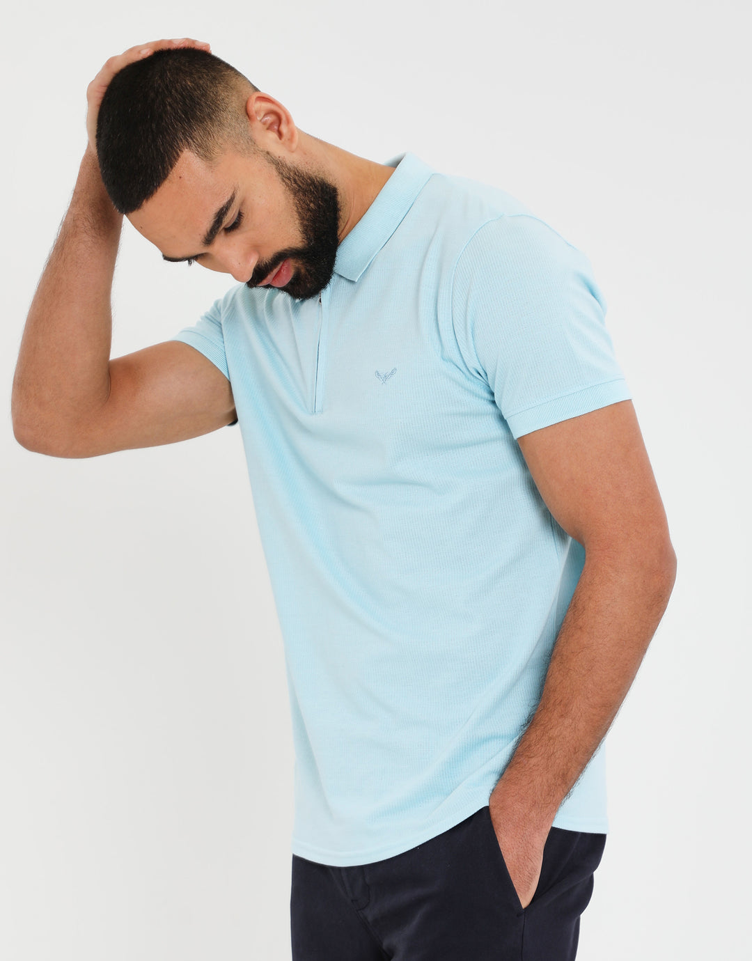 Sky Blue Waffle Zip Collar Polo Shirt