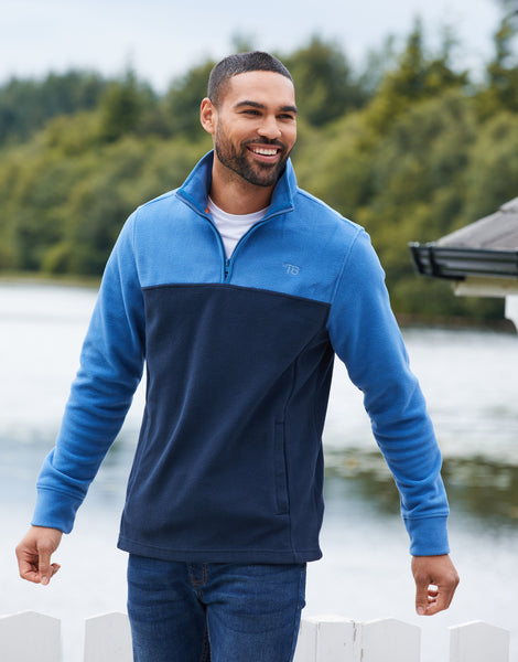 Men's Cobalt & Navy Blue Two Tone Colourblock Quarter Zip Fleece ...