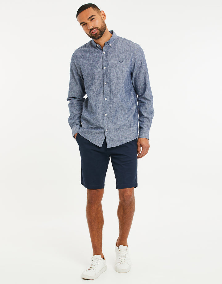 Denim Blue Long Sleeve Linen Blend Shirt