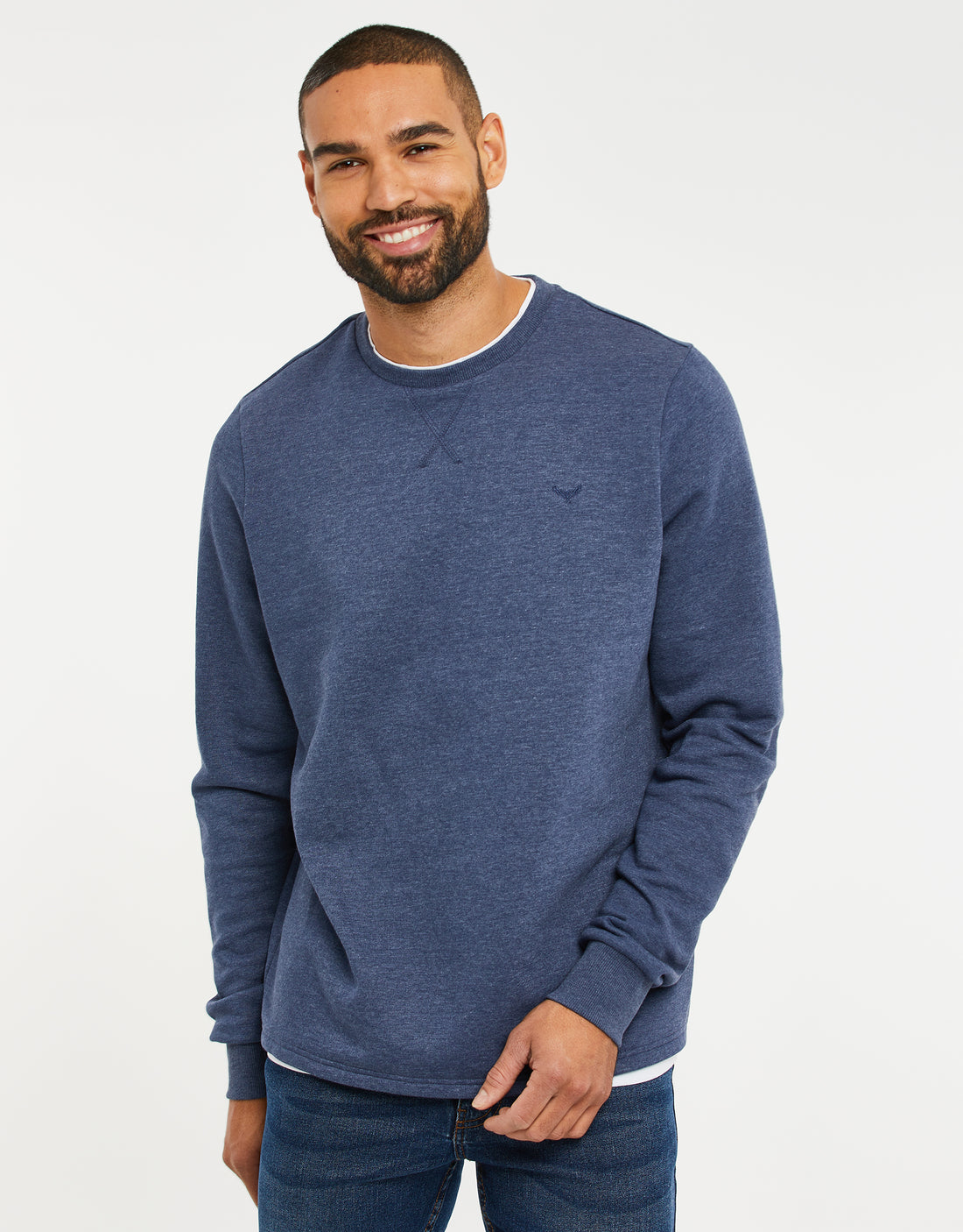 Men's Denim Blue Crew Neck Mock T-Shirt Fleece Sweatshirt – Threadbare