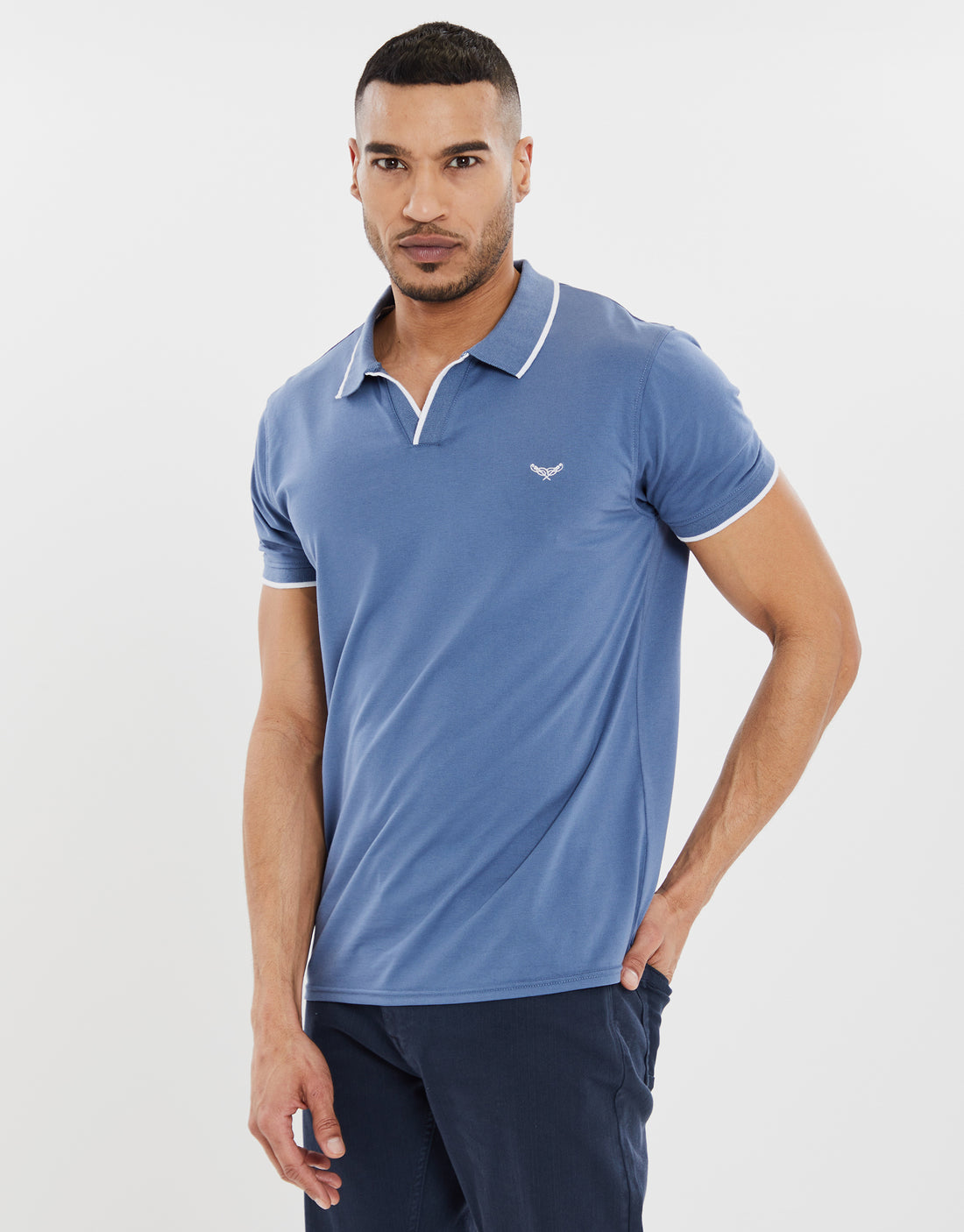 Men's Denim Blue Open Neck Collar Single Jersey Short Sleeve Polo Shirt ...