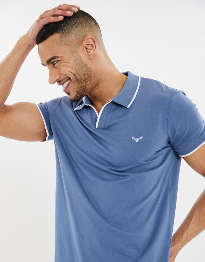 Denim Blue Open Neck Collar Polo Shirt