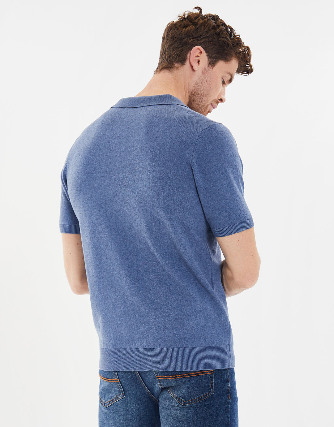 Denim Blue Open Revere Collar Knitted Polo