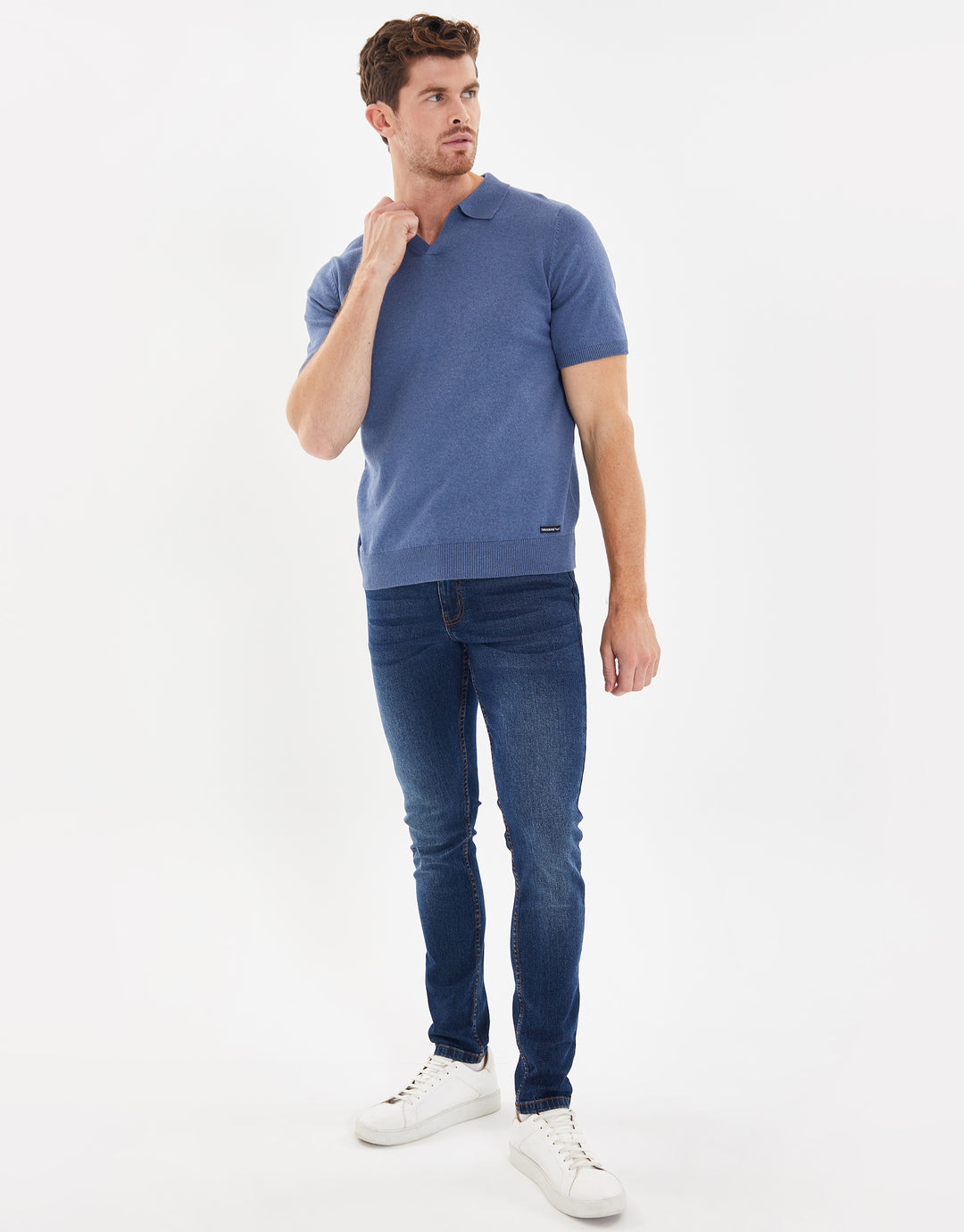 Denim Blue Open Revere Collar Knitted Polo