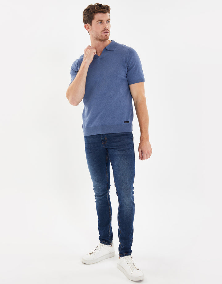 Denim Blue Open Revere Collar Knitted Polo