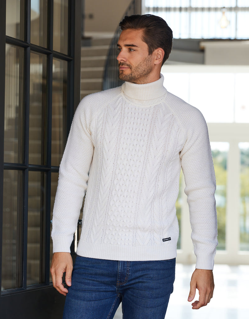 Threadbare Men's Ecru Off White Roll Neck Cable Knit Jumper