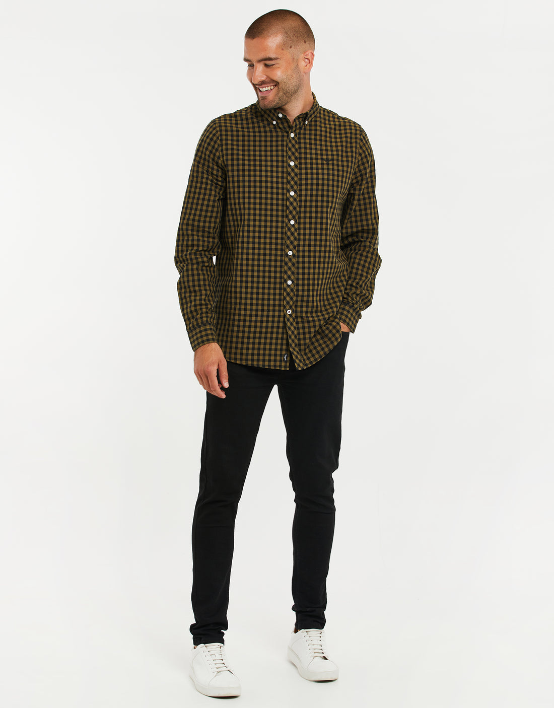 Men's Green Gingham Check Cotton Long Sleeve Shirt Threadbare