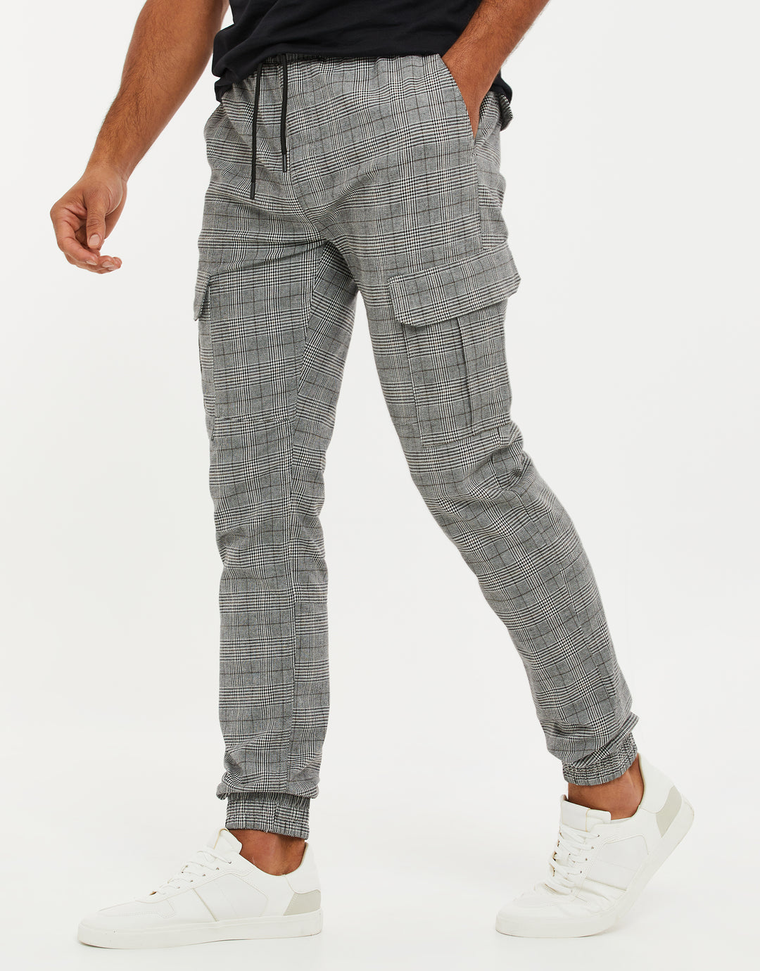 Grey Check Slim Fit Cargo Style Trousers