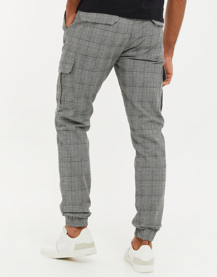 Grey Check Slim Fit Cargo Style Trousers