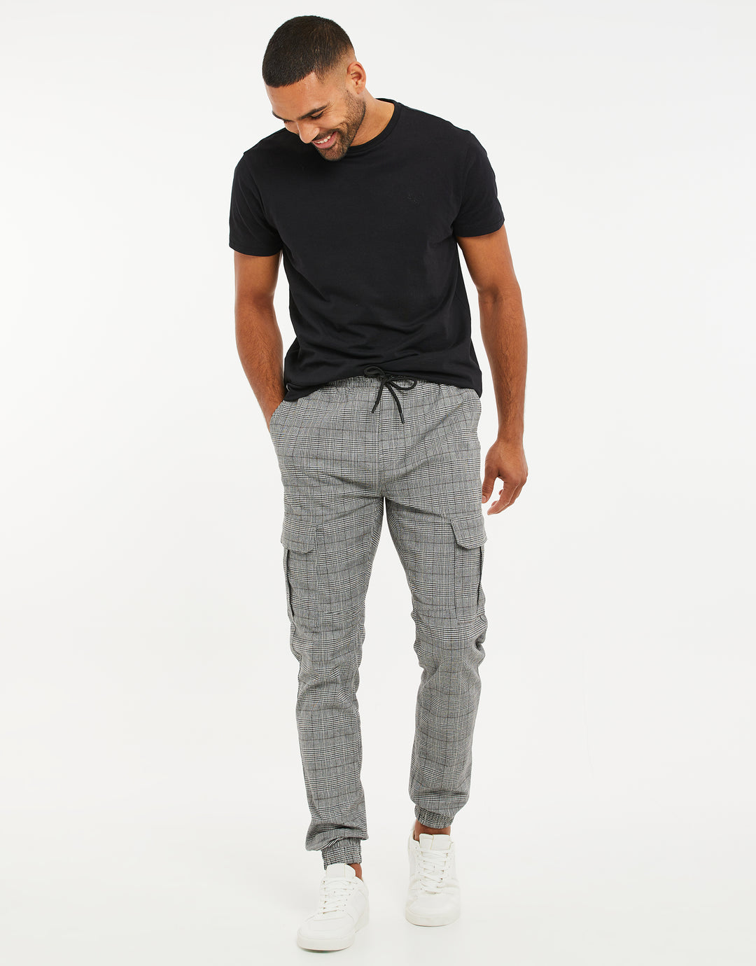 Grey Check Slim Fit Cargo Style Trousers