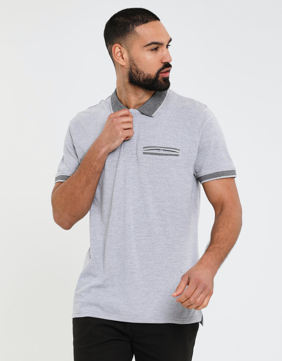 Grey Marl Jetted Pocket Rib Collar Polo Shirt