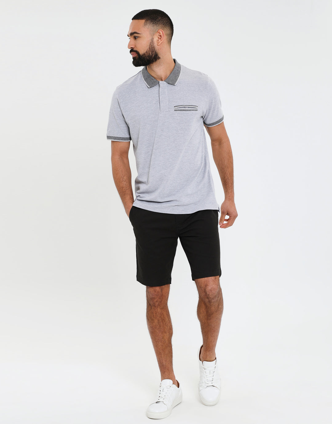 Grey Marl Jetted Pocket Rib Collar Polo Shirt