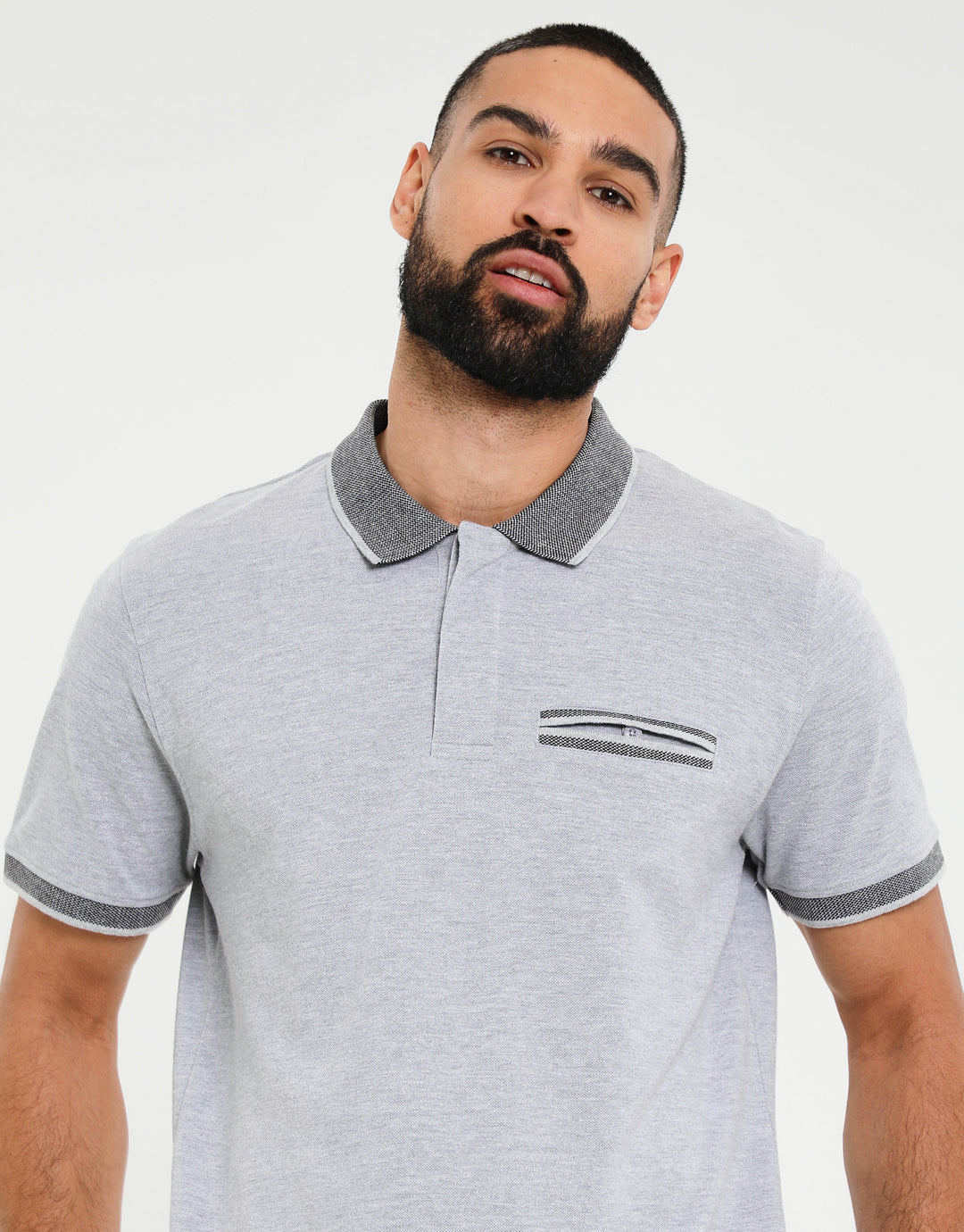 Grey Marl Jetted Pocket Rib Collar Polo Shirt