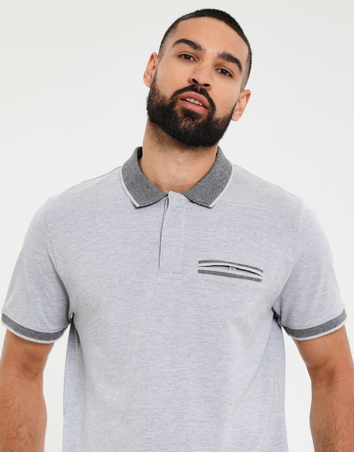 Grey Marl Jetted Pocket Rib Collar Polo Shirt
