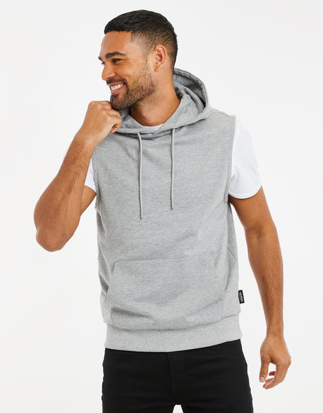 Men's Grey Marl Sleeveless Pullover Kangaroo Pocket Fleece Hoodie ...