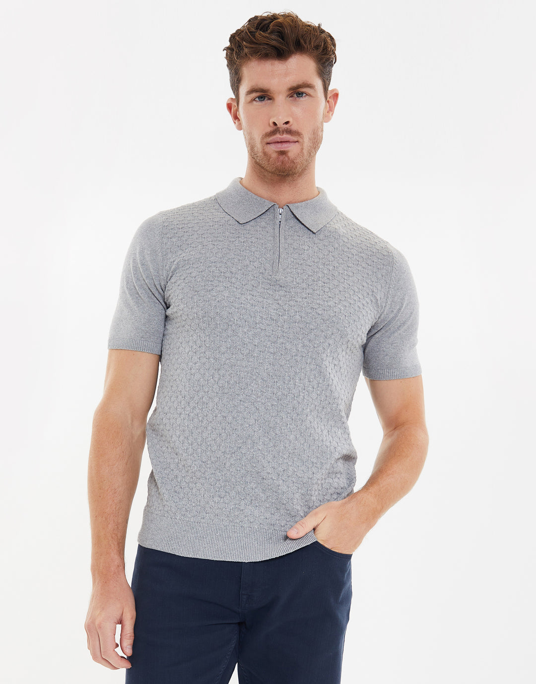 Grey Marl Textured Quarter Zip Knitted Polo