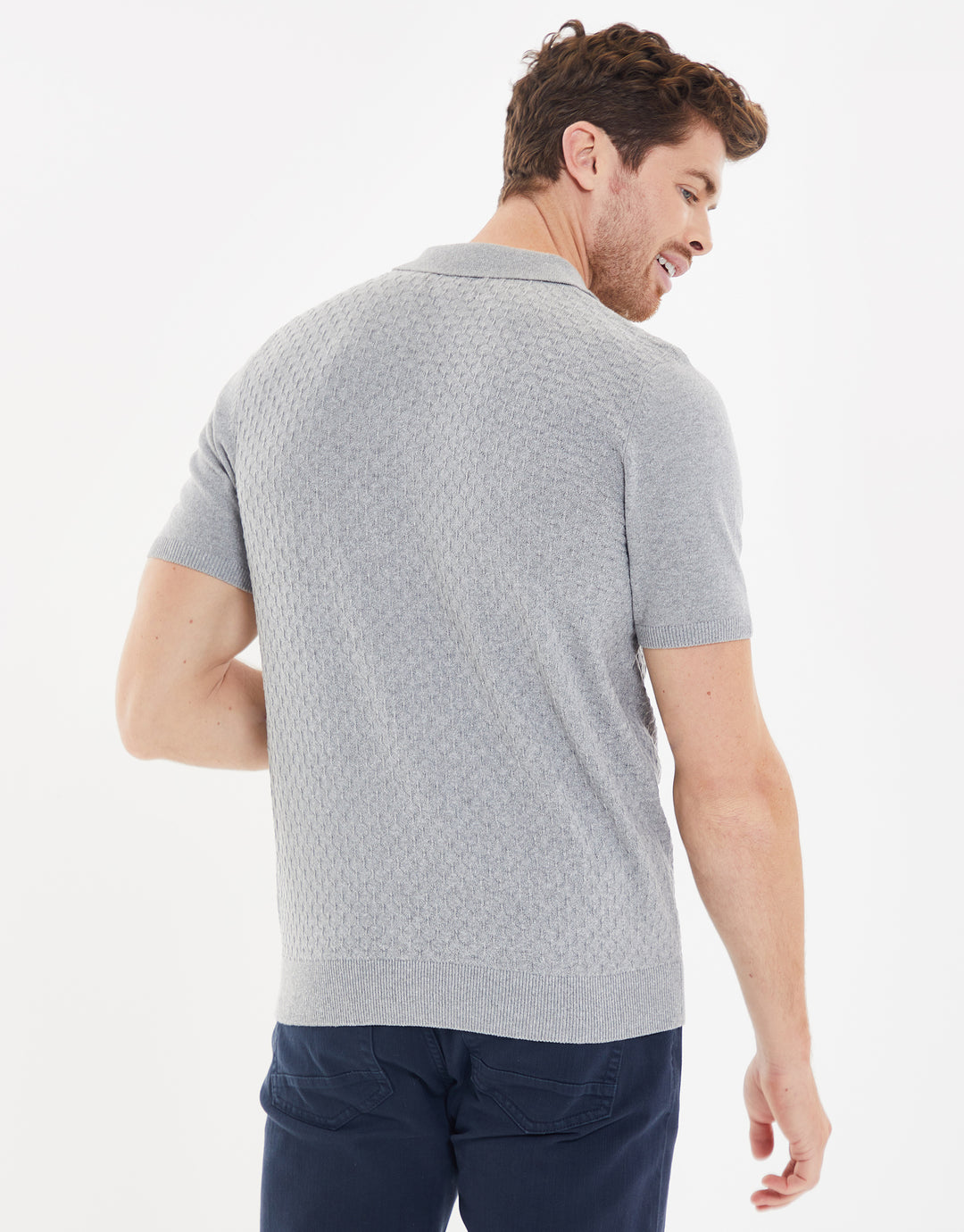 Grey Marl Textured Quarter Zip Knitted Polo