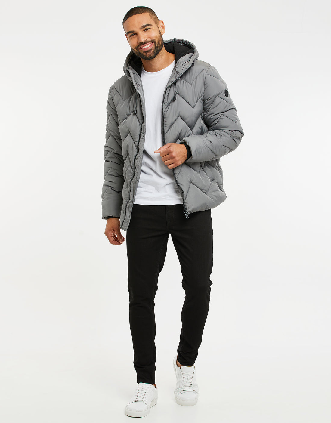 Men's Grey Zig Zag Quilted Padded Hooded Zip-Through Jacket – Threadbare