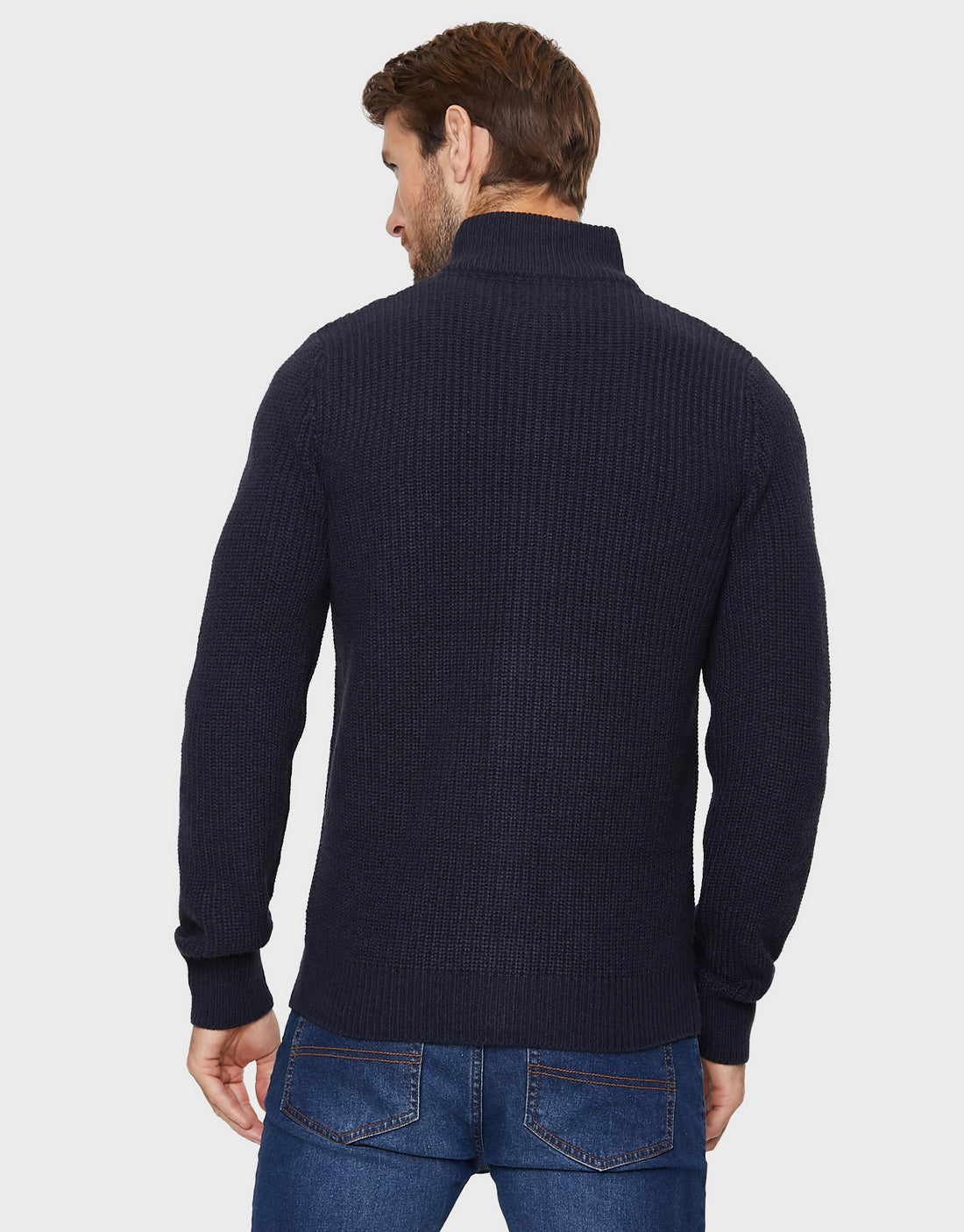 Men's Navy Blue Funnel Neck Zip Up Cable Knit Cardigan – Threadbare