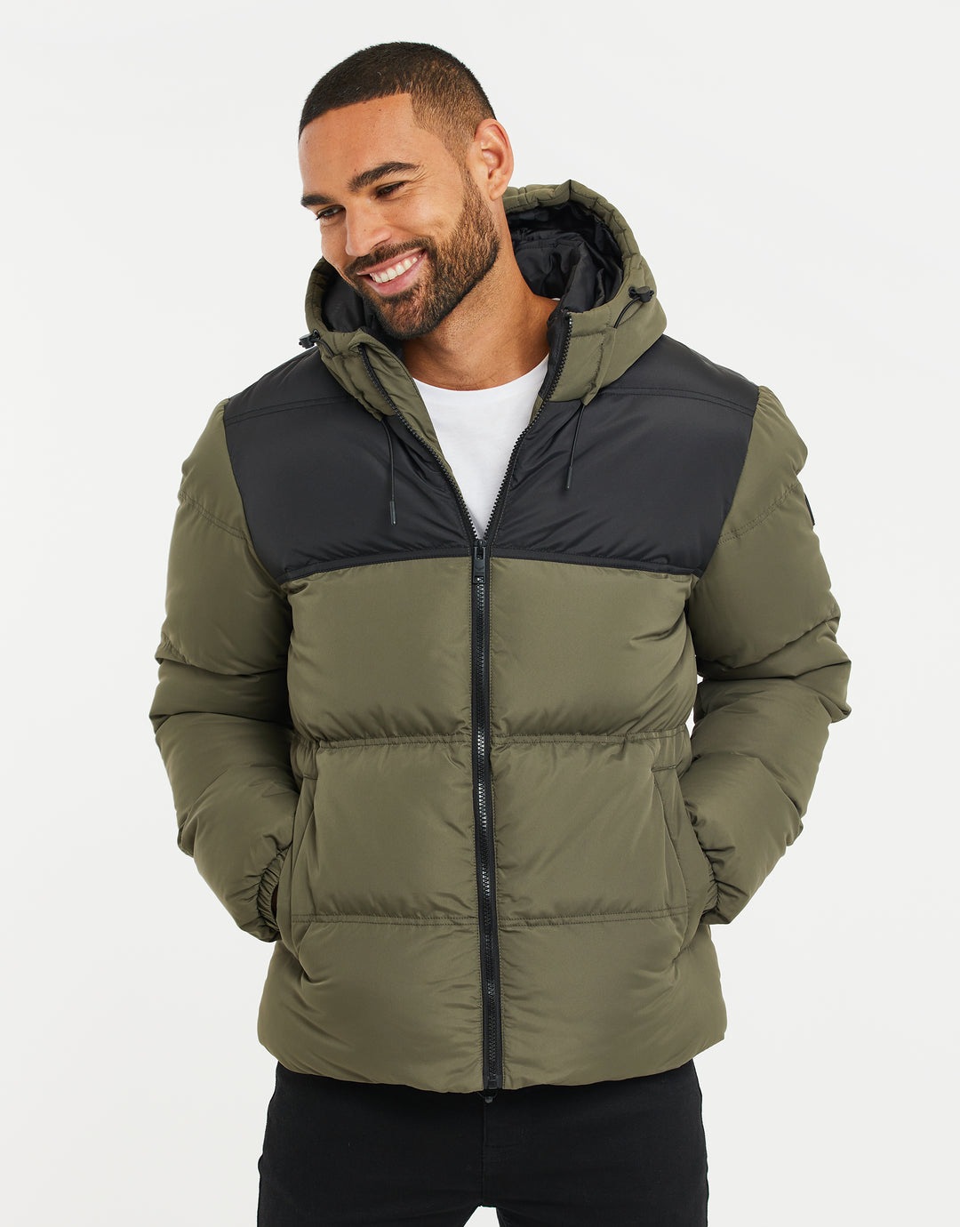 Threadbare Men's Khaki Green & Black Showerproof Colourblock Padded ...