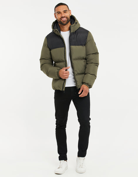 Men's Khaki Green & Black Showerproof Colourblock Padded Hooded Puffer ...