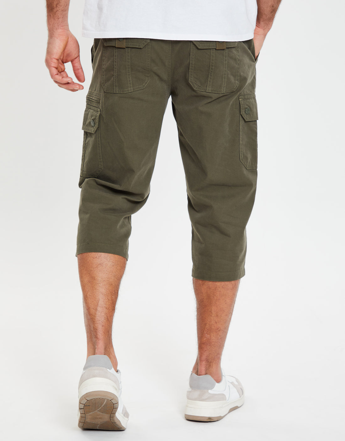 Men's Khaki Green 3/4 Length Belted Utility Cargo Trousers