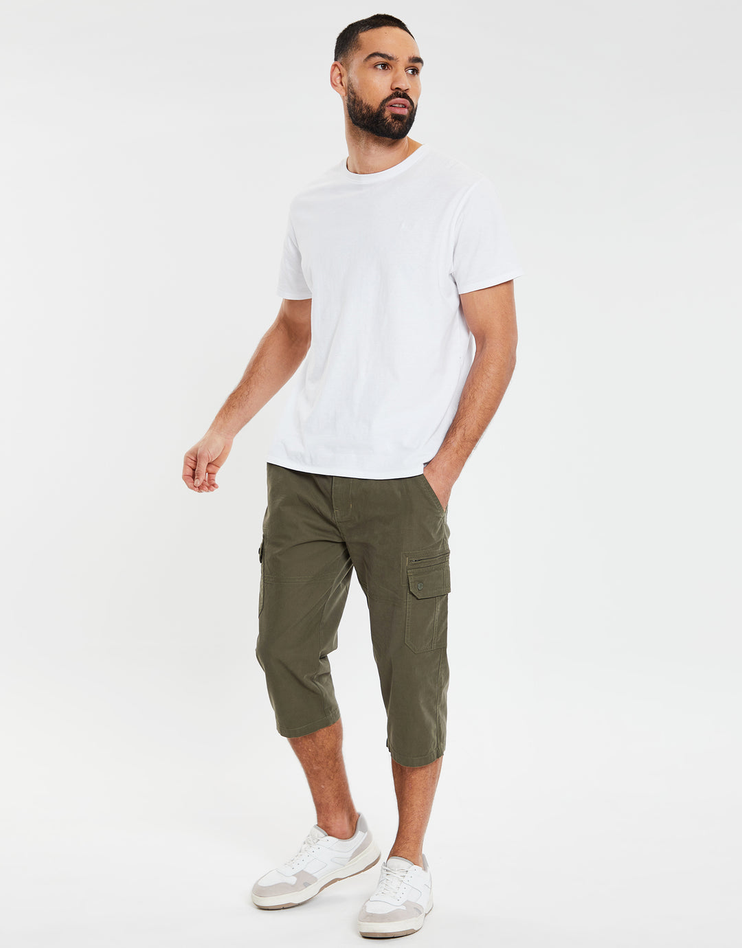 Khaki Green 3/4 Length Belted Cargo Trousers