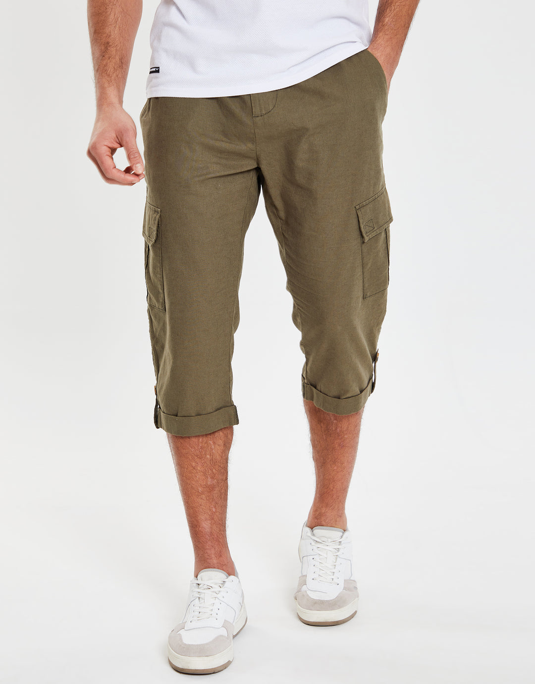 Threadbare Men's Khaki Green 3/4 Length Casual Linen Blend Cargo