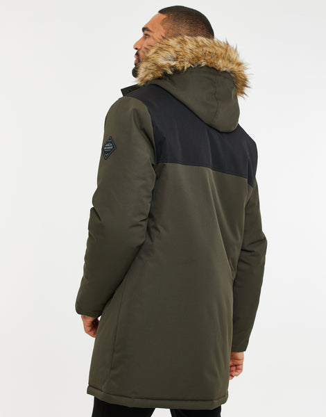 Men's Khaki Green & Black Colourblock Hooded Padded Parka Jacket ...