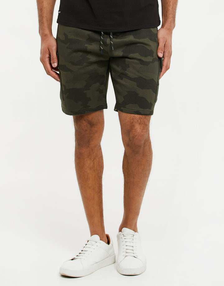 Khaki Green Camo Cargo Sweat Shorts