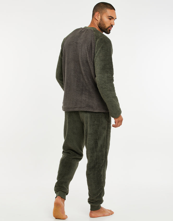 Khaki Green & Charcoal Faux Borg Loungewear (2-Piece Set)