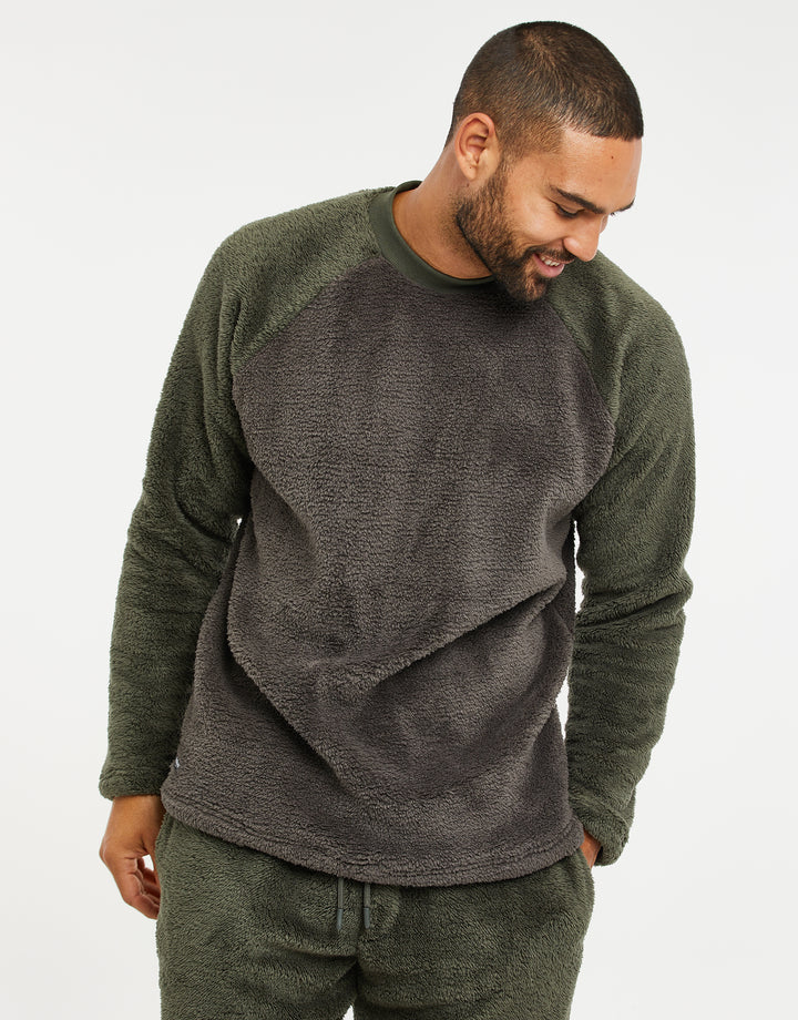 Khaki Green & Charcoal Faux Borg Loungewear (2-Piece Set)