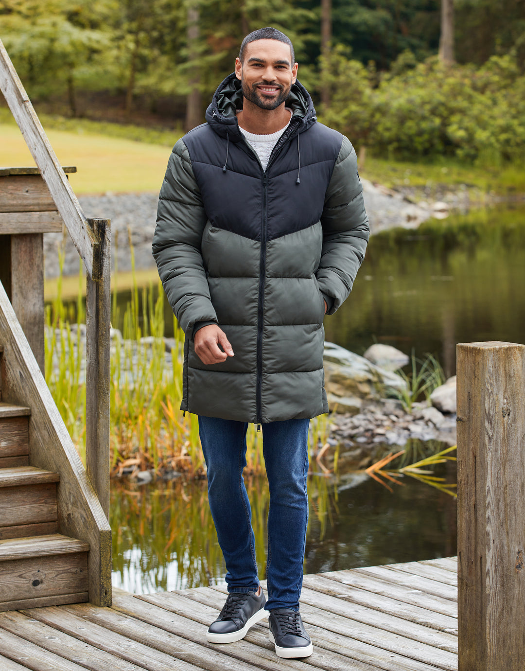 Threadbare Men's Khaki Green Colourblock Padded Hooded Family