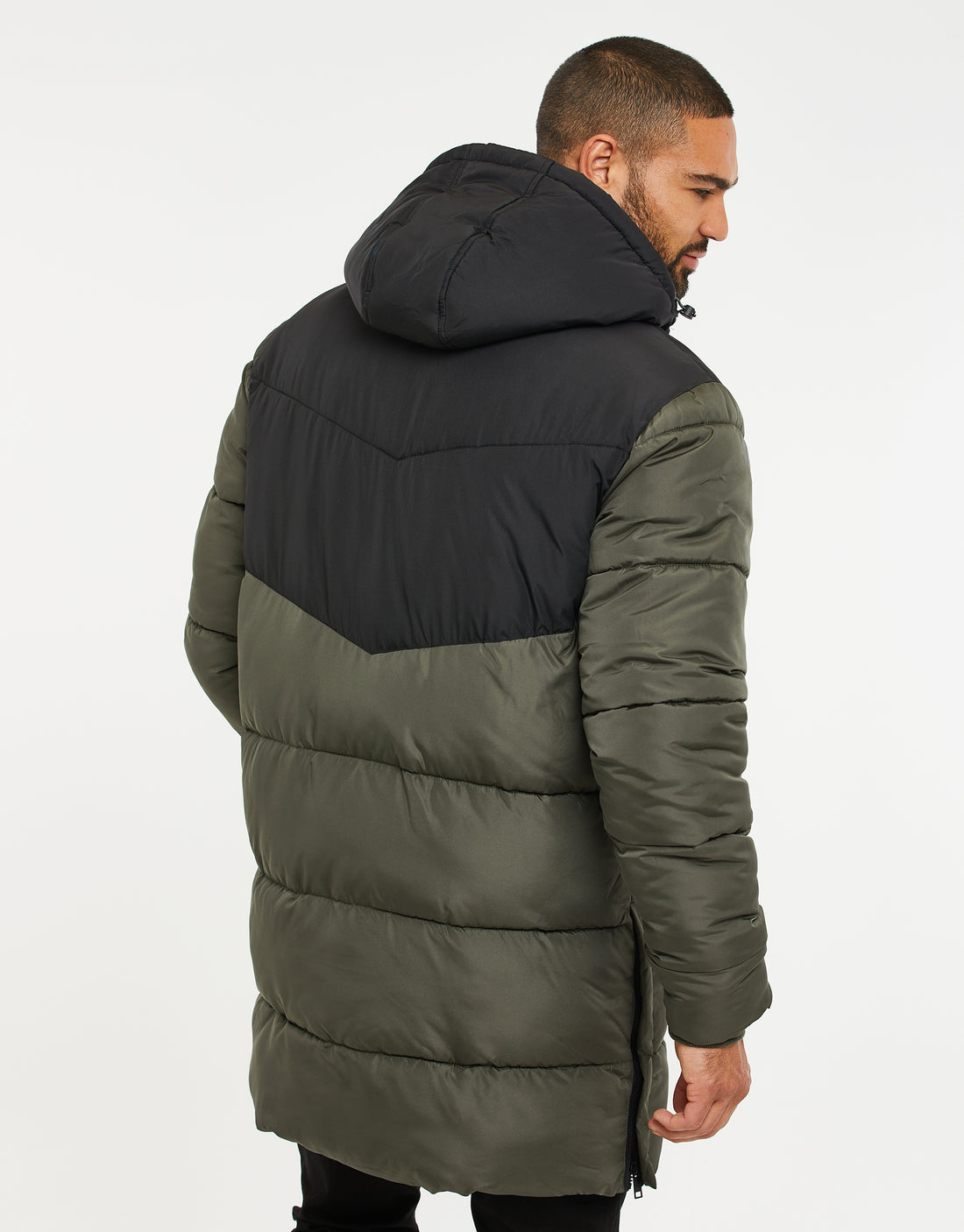 Men's Khaki Green Colourblock Padded Hooded Family Longline Puffer ...