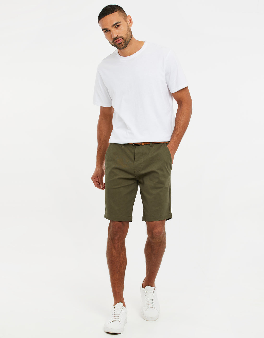 Men's Khaki Green Cotton Casual Woven Belted Chino Shorts – Threadbare