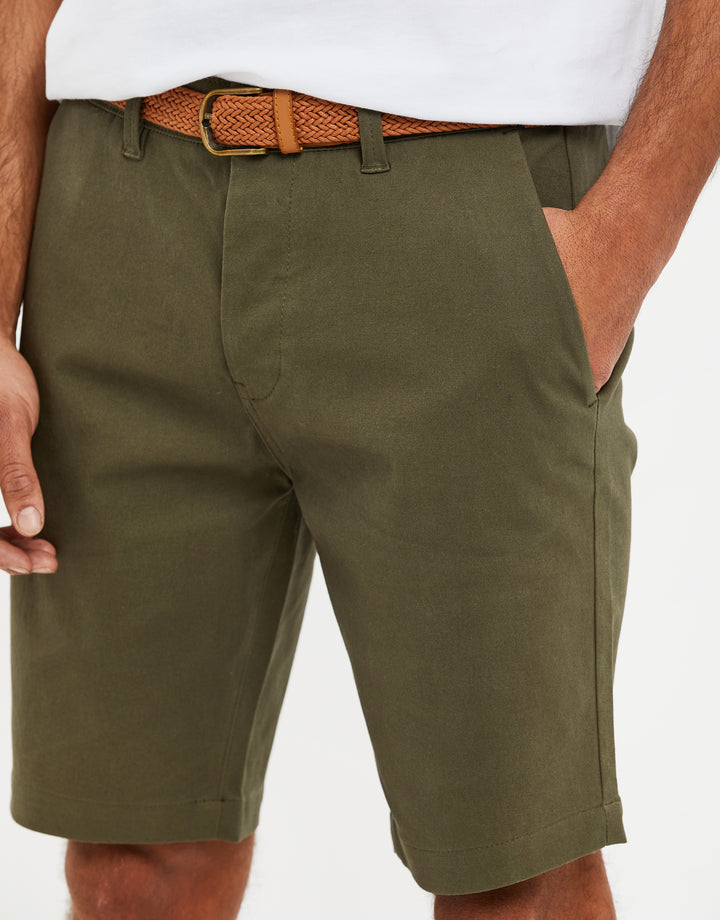 Khaki Green Belted Chino Shorts
