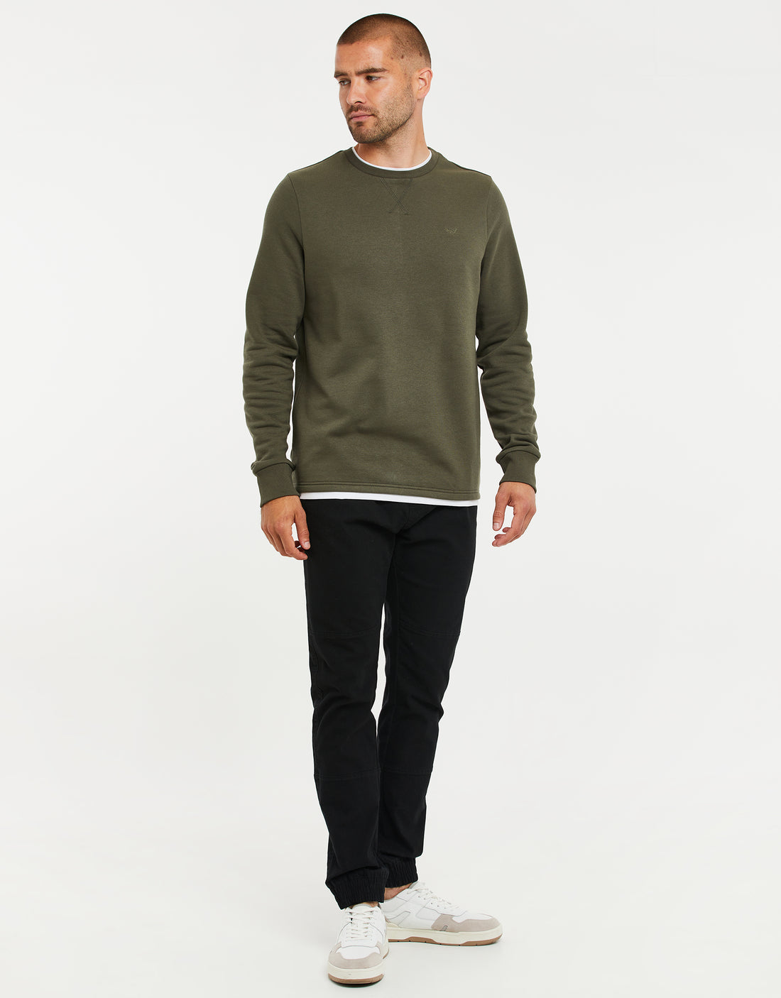 Men's Khaki Green Crew Neck Mock T-Shirt Fleece Sweatshirt – Threadbare
