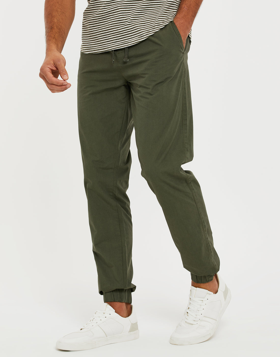Men\'s Khaki Green Cuffed Cotton Drawstring Jogger Style Trousers –  Threadbare